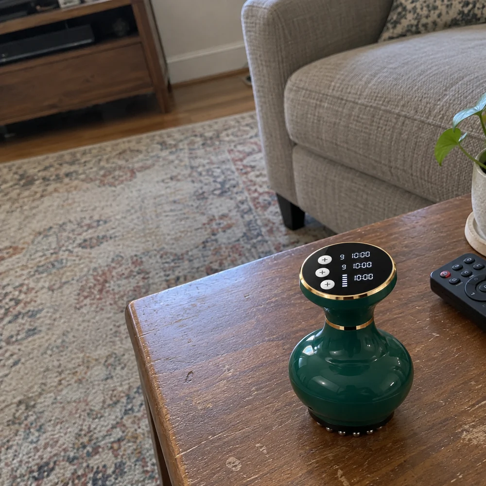 Massageador Almiva verde sobre uma mesa na sala; imagem ilustrativa